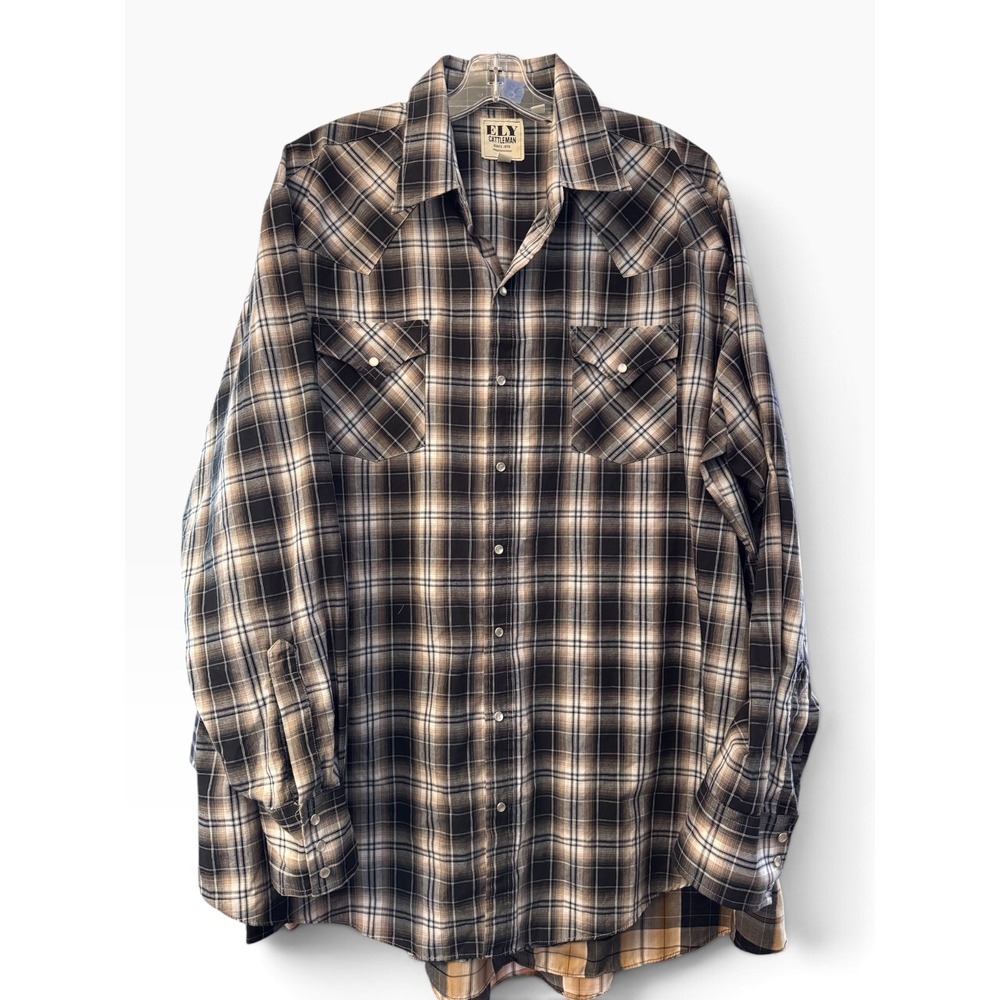 Ely Cattleman Mens XXL Tall Brown Plaid Western Snap Long Sleeve Shirt